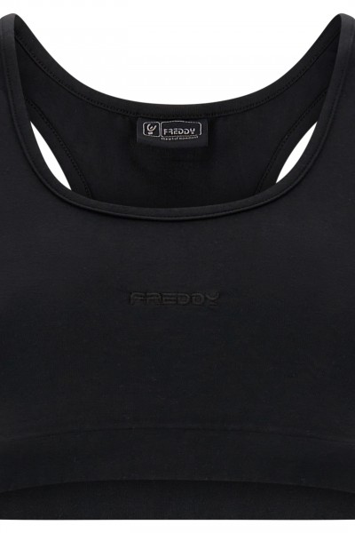 ŠPORTNI TOP Z VEZENIM LOGOTIPOM, ČRNE BARVE
