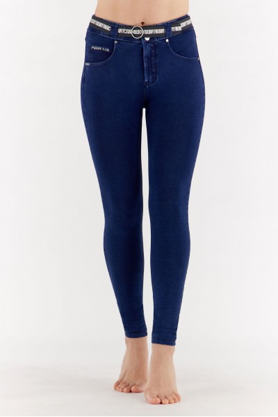 N.O.W.® HLAČE, VIŠJI PAS, SLIM FIT, OPRIJETE HLAČNICE, TEMEN DENIM 