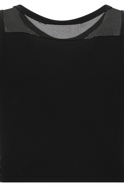 Crop top brezrokavnik z mrežastimi vložki in kontrastnim potiskom