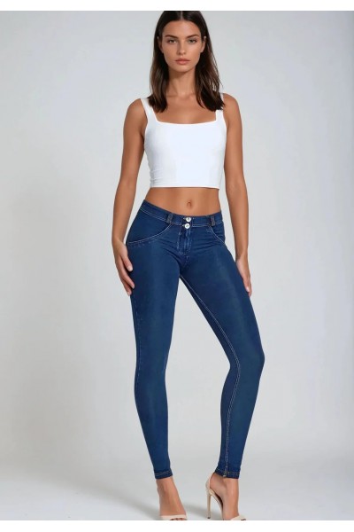WR.UP ®, NORMALEN PAS, SKINNY, IZ EKOLOŠKE  TKANINE,  TEMEN DENIM Z RUMENIMI ŠIVI