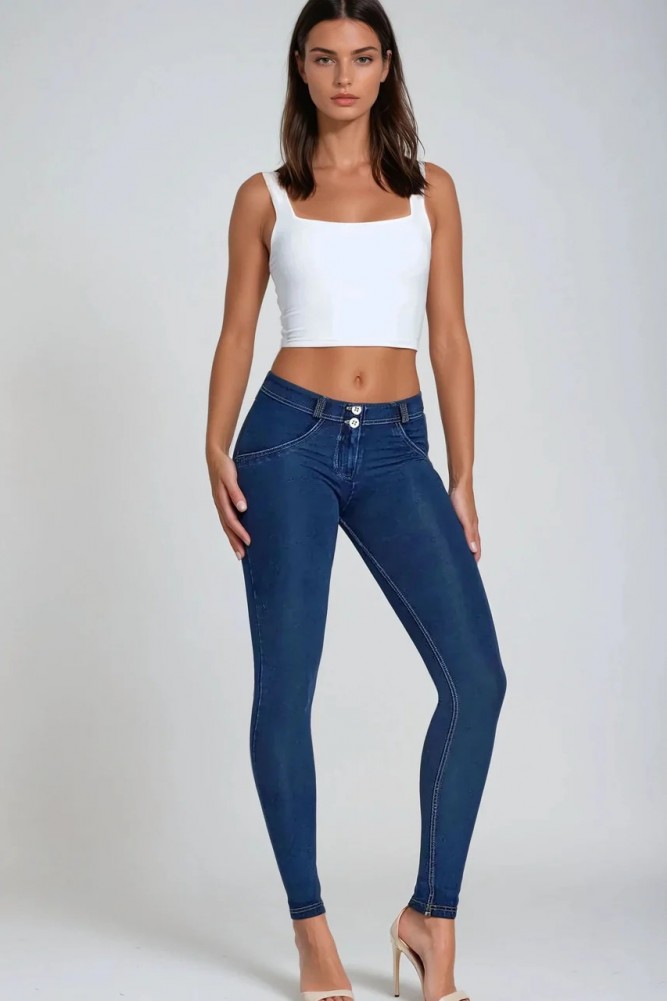 WR.UP ®, NORMALEN PAS, SKINNY, IZ EKOLOŠKE  TKANINE,  TEMEN DENIM Z RUMENIMI ŠIVI